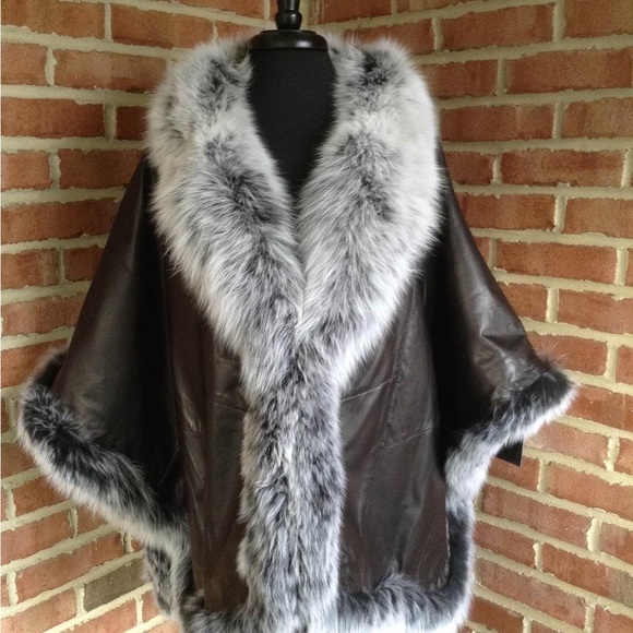 Chocolate leather poncho with genuine silver fox trim